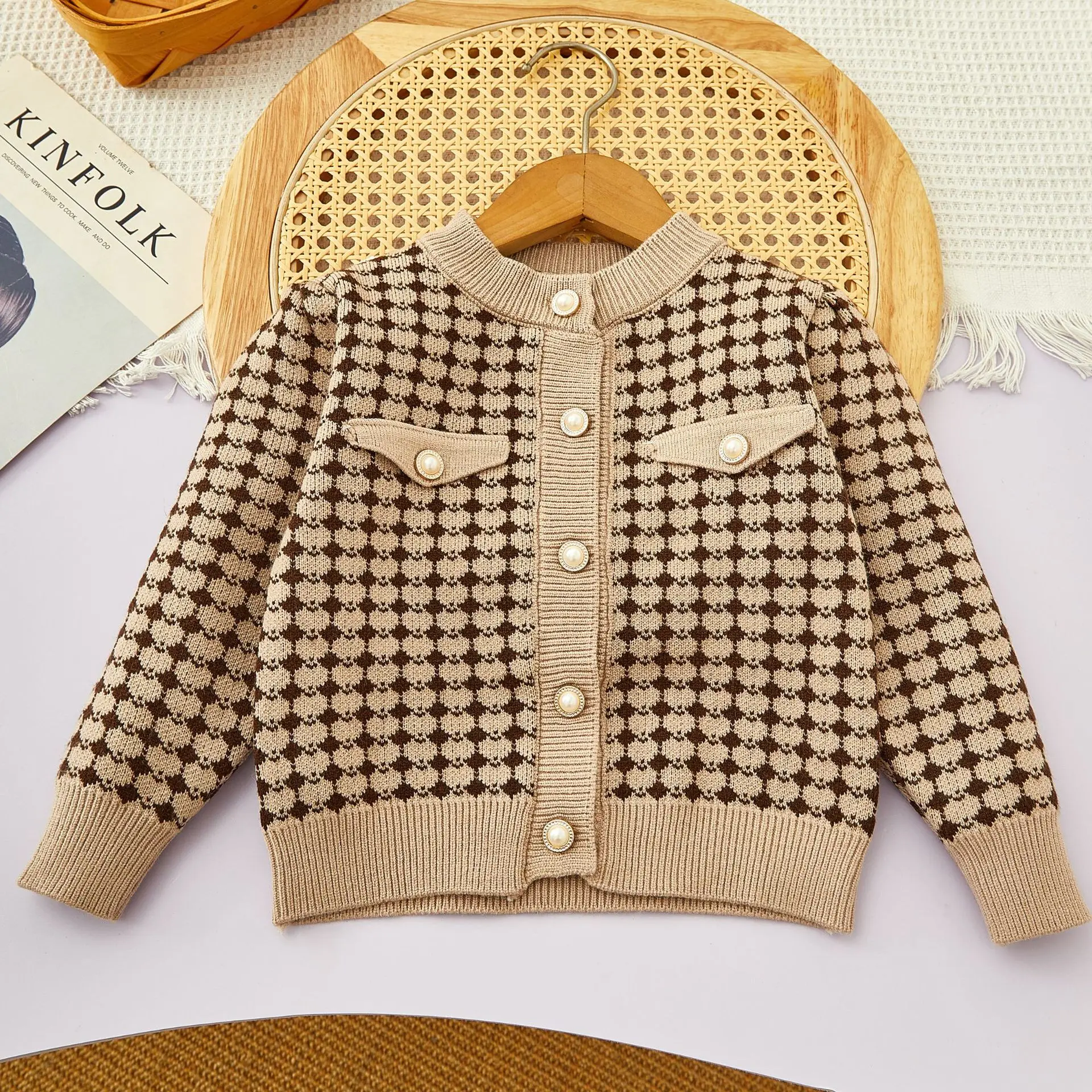 Bear Leader Kids Clothes Girls Winter Knitted Set Checkered Printed Single Breasted Cardigan+Short Skirt Children\'s Sets