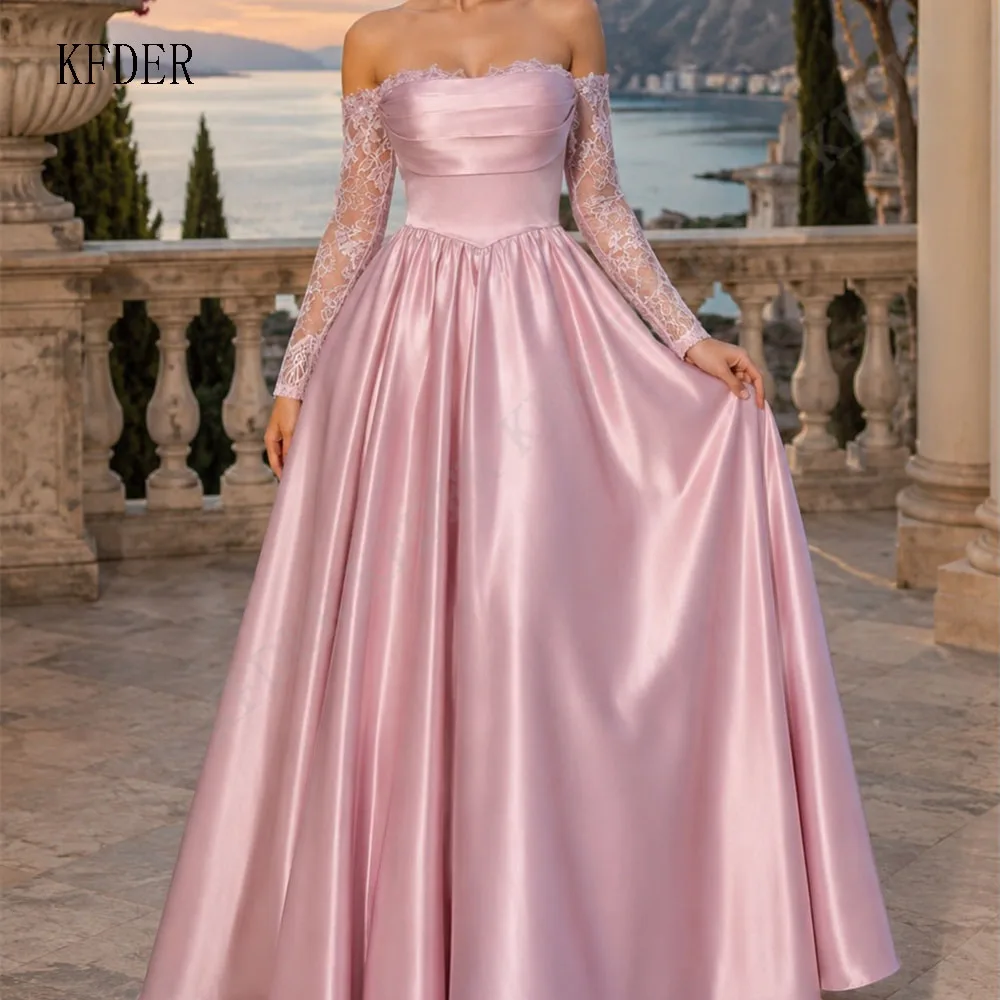 Pink Lace A Line Bridesmaid Dress 2026 Full Sleeves Pleated Satin Maid Of Honor Dresses A Line Party Gown Party Dresses