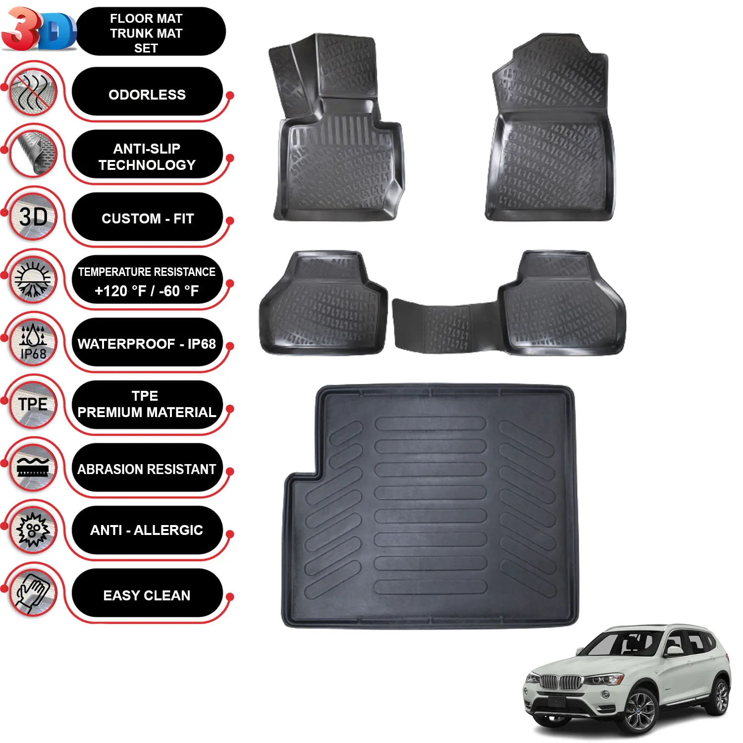 

BMW X3 - (2010-2017) - Floor Mats + Cargo Trunk Liner - SET - (Black)