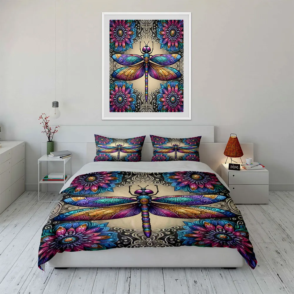 Colorful Dragonflies and Floral Art Pattern Duvet Cover Set Digital Print Colorful Polyester Bedding with Zipper Closur gifts