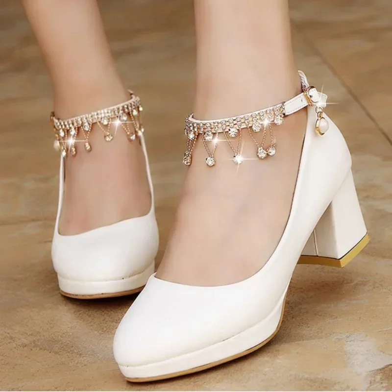 White Women Wedding Shoes Crystal Preal Ankle Strap Bridal Shoes Woman Dress Shoe Pumps Sweet Party Shoes High Heels Zapatos