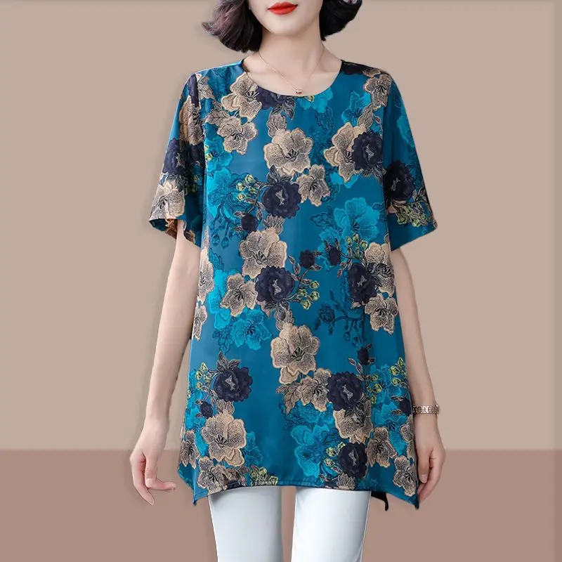 Oversized 6XL Flower Print T-Shirt Summer Fashion Women Clothing Casual Loose Pullover Korean Ladies Elegant O-Neck Vintage Tops