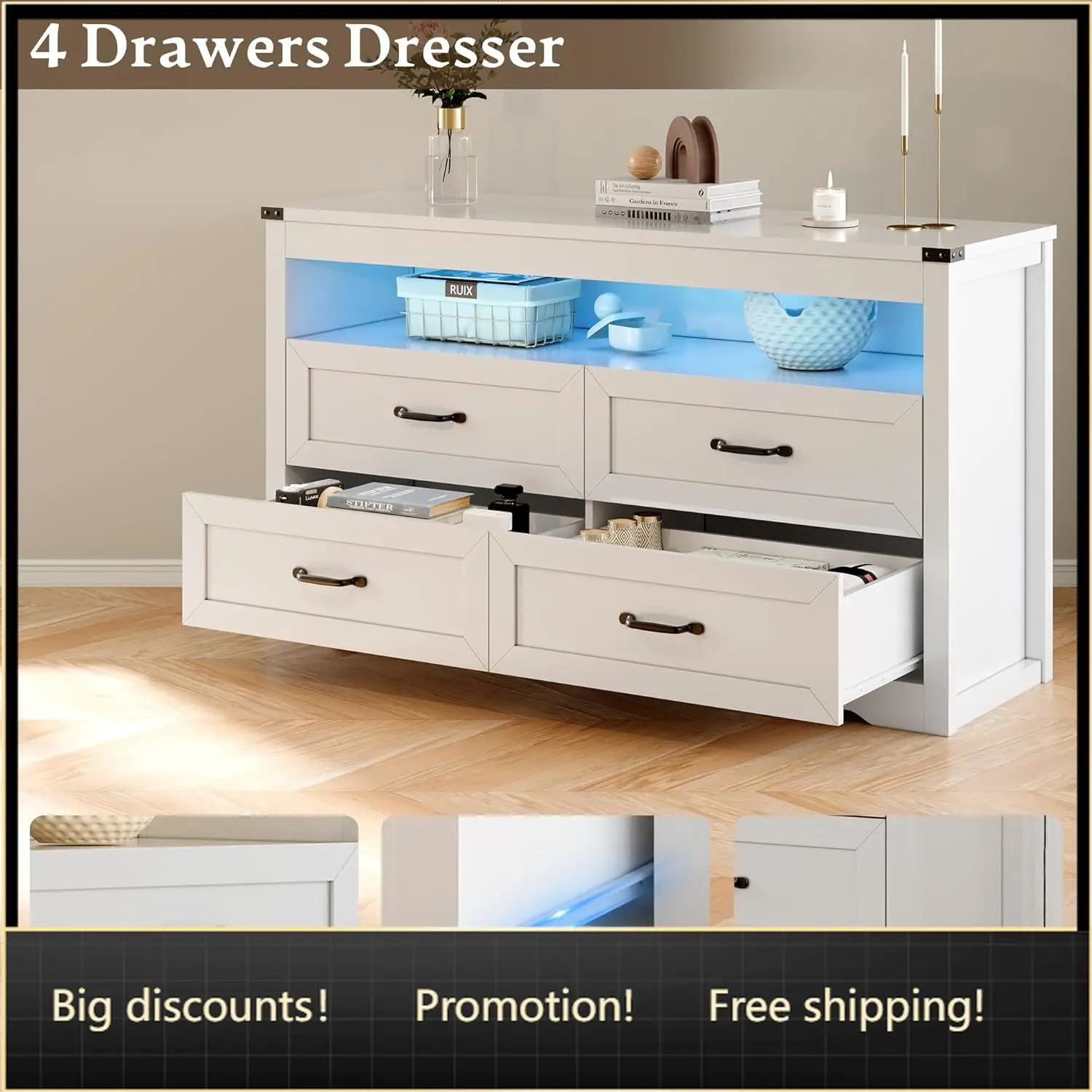 Dresser for Bedroom with 4 Drawers, Farmhouse Chest of Drawers with Natural Texture and LED Lights, Wide Wood Rustic Closet Stor