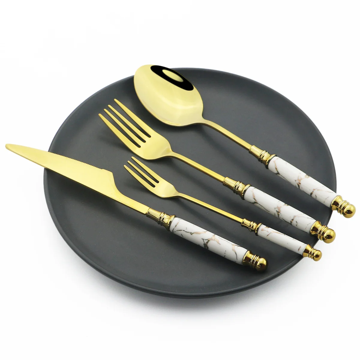 24Pcs/Set Stainless Steel Cutlery Ceramic Handle Dinnerware Set Knife Cake Fork Tea Spoon Dinner Tableware Set Gold Flatware Set