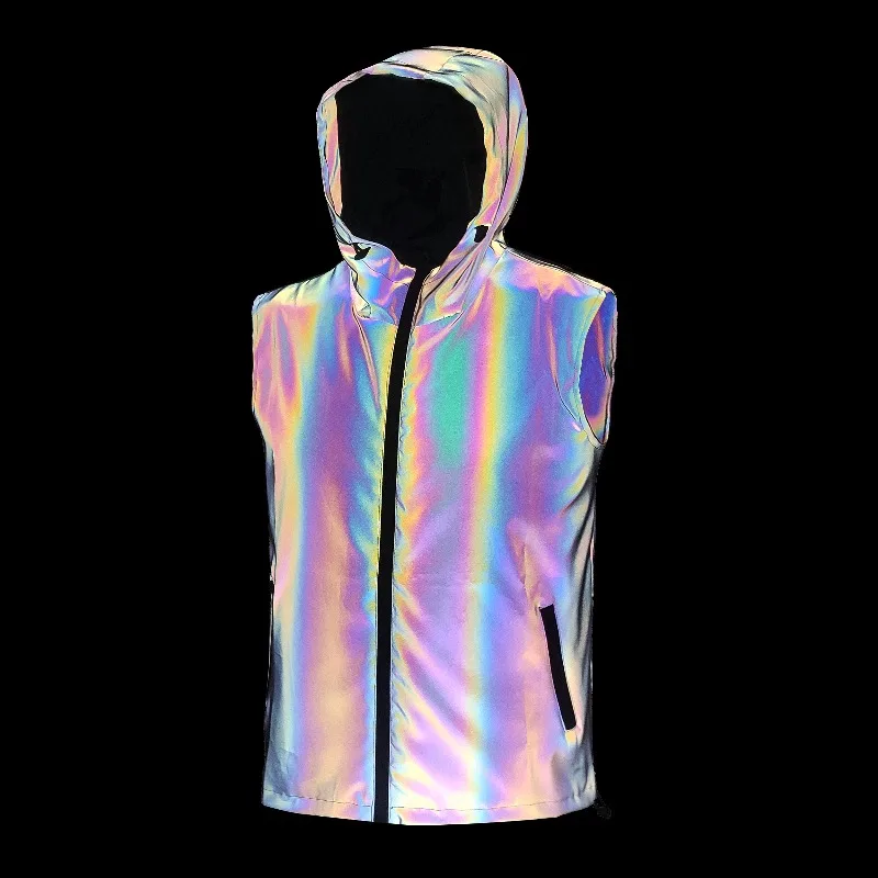 

Cycling Colorful Night Vest Men Spring Summer New Hip-hop Fashion Reflective Jacket Sleeveless Hooded Casual Outdoor Sports Vest