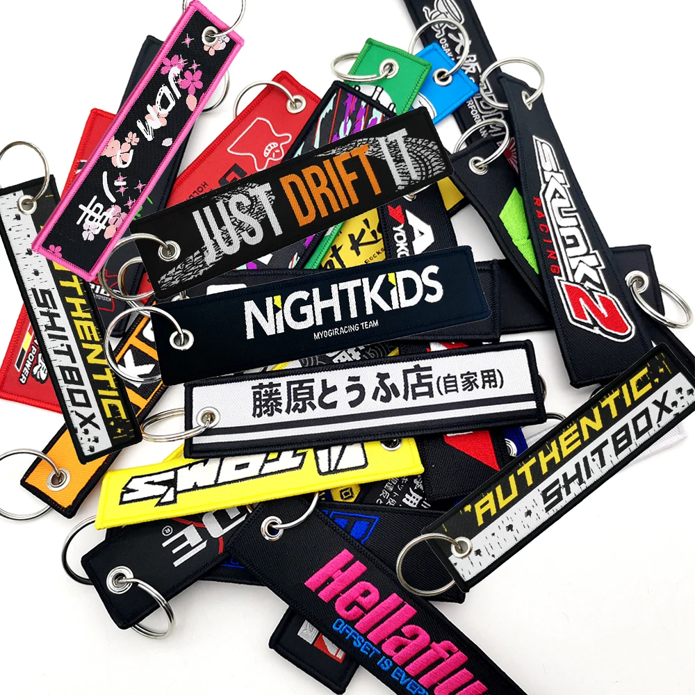 

JDM Keychain Car Culture Style Fashion Tags Embroidered Short Cloth Rectangle Polyester Auto Holder Charm Key Ring Osaka JDM