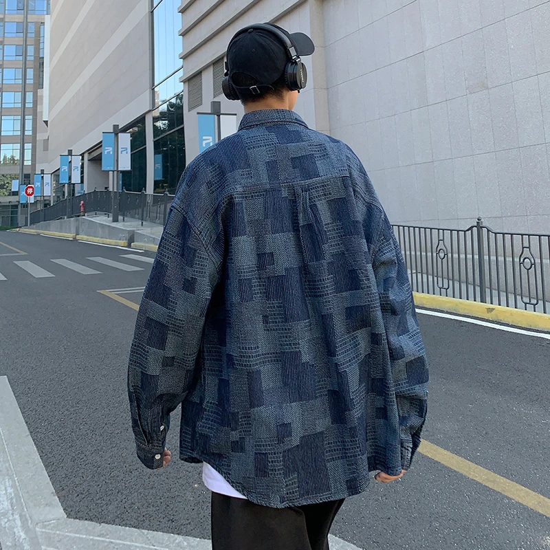 레트로 INS 데님 루즈핏 롱 슬리브 남성용 홍콩 스타일 여름 한국 버전 워크웨어 자켓 코튼 체크 패턴