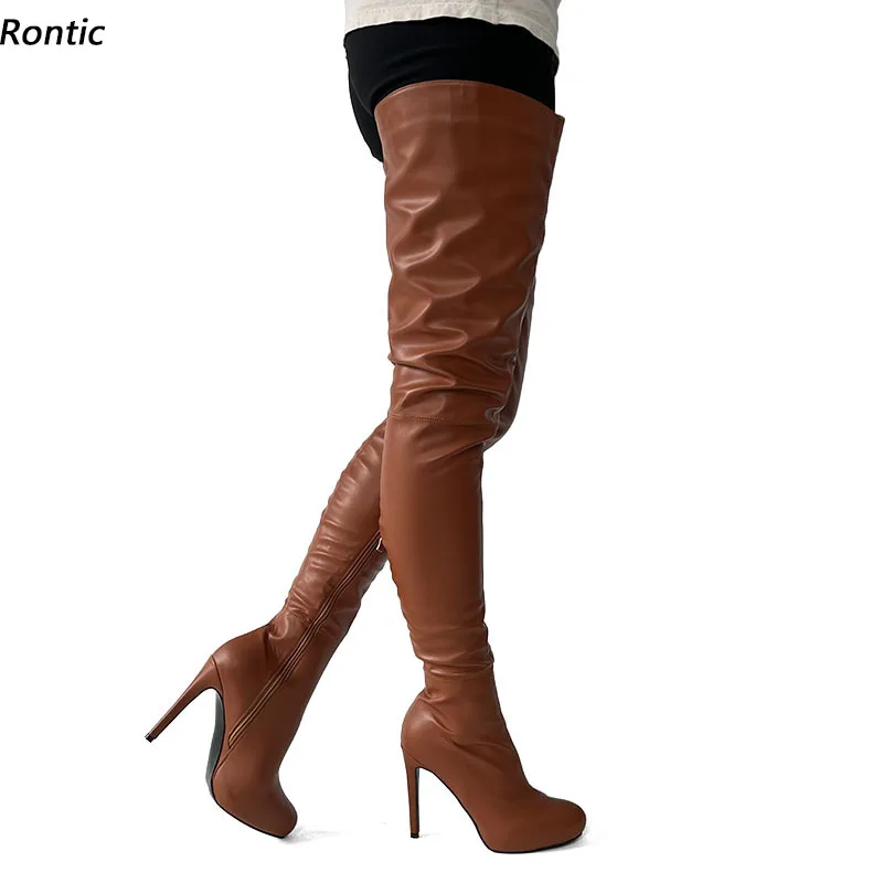 

Rontic женские зимние сапоги до бедра из искусственной кожи с боковой молнией, пикантные туфли на шпильке с круглым носком, коричневые туфли для ночного клуба, размер США 5-20