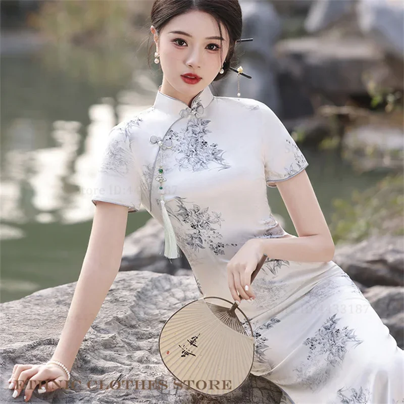 

Elegant Short Sleeved Improved Qipao Dress Vintage Classic Female Long Cheongsam Print Flower Vestidos Sexy Slim Chinese Dress