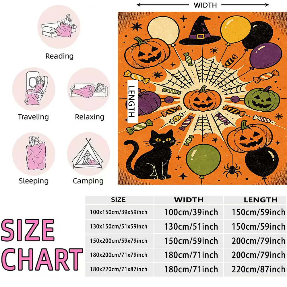 Manta de Franela con Diseño de Calabaza y Gato Negro Estilo Tarot de blanket, Decoración Gótica Espeluznante para Cama