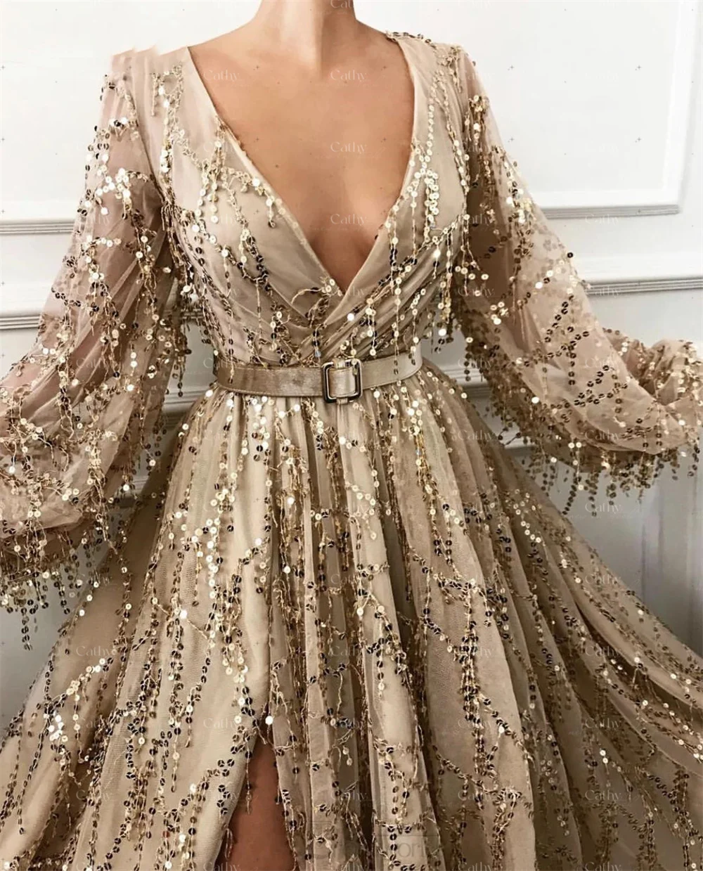 Cathy Glitter Sequins Evening Dress Puffy Sleeve Prom Dress With Belt Floor Length Vestidos De Fiesta Side Split فساتين حفلات