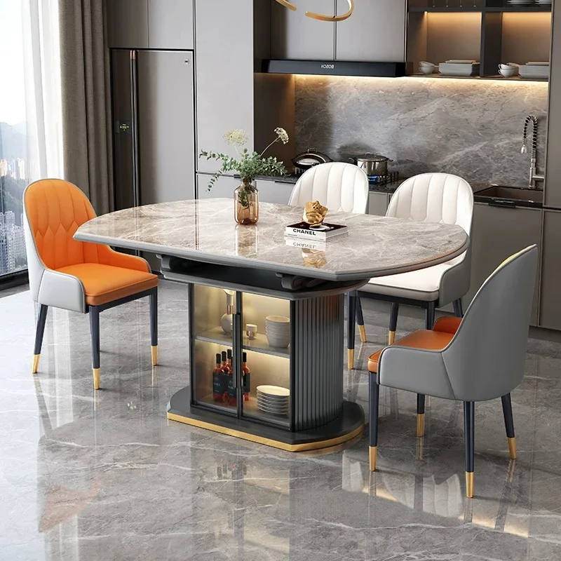 مجموعة كراسي طاولة طعام رخامية مستديرة فاخرة وحديثة قابلة للتمديد وقابلة للطي، 4، 6، 8 مقاعد، تصاميم أثاث متعددة الوظائف