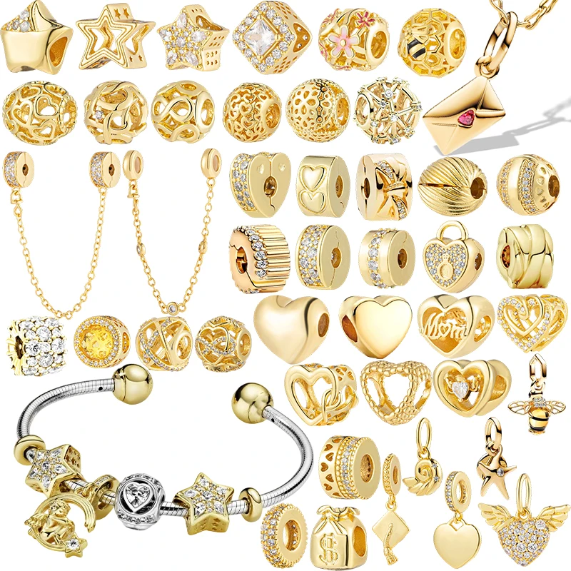 

Hot Sale Sparking Gold Plated Charm Beads Pendant Fit Original Snake Silver Bracelet Necklace Beads For Diy Jewelry Women Gift