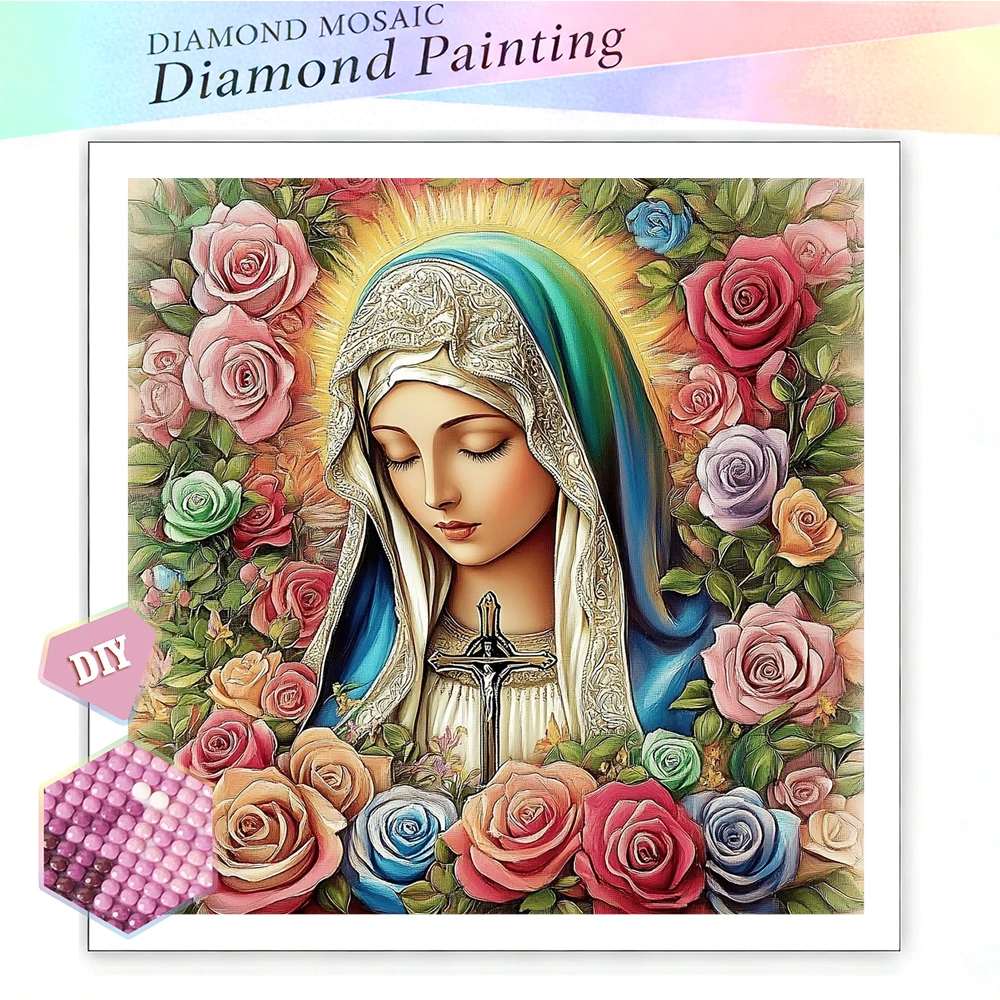 EverShine DIY 5D Diamantmalerei Jungfrau Maria Mosaik Rosenblüte Vollbohr-Stickerei Christentum Religion Wanddekoration