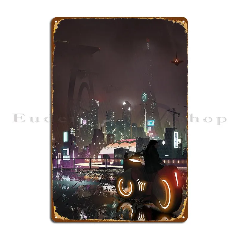 Cyberpunk City Metal Plaque Garage Create Character Cinema Wall Mural Tin Sign Poster