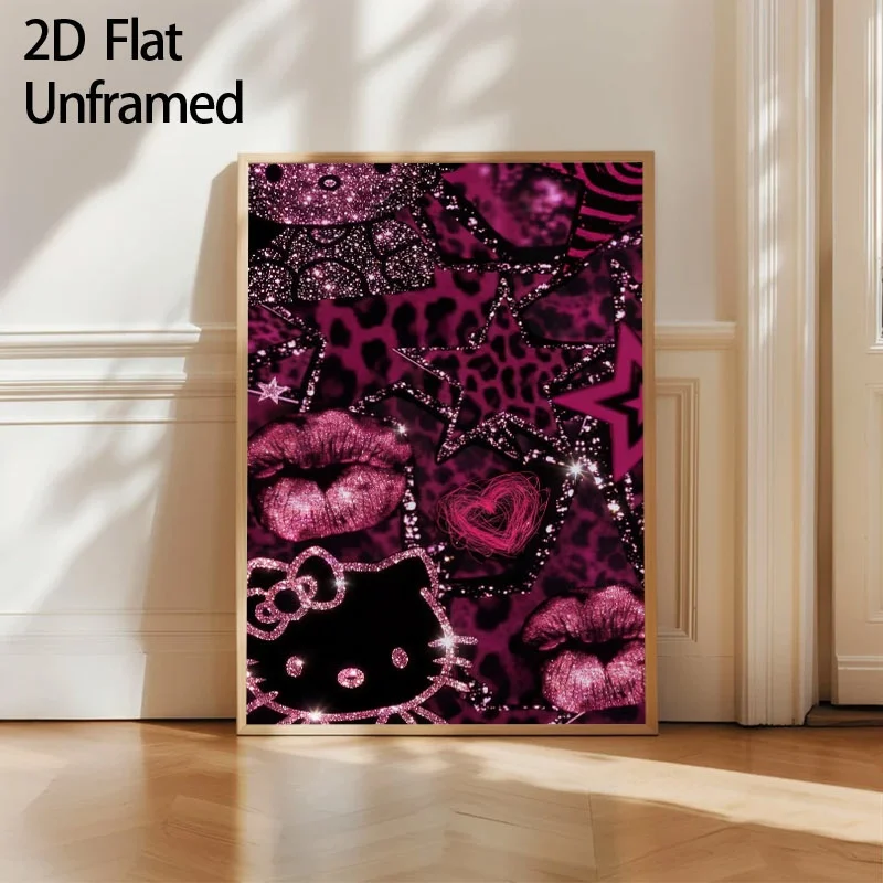 2027 2DFlat, , 1pc Unframed  Sparkly Pink Black Hello Kitty And Leopard Print Posters And Prints, Glittery Glam Canvas Wall A
