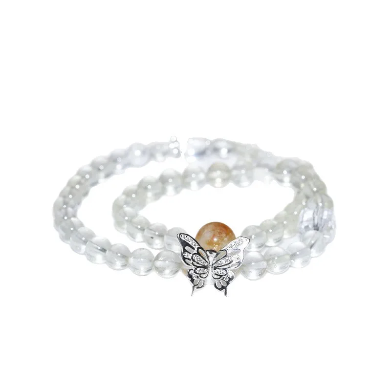 Chinese Style Lucky Yellow Crystal Beaded Bracelet For Women Silver Butterfly Charm Wealth Blessing Good Luck Jewelry Perfect