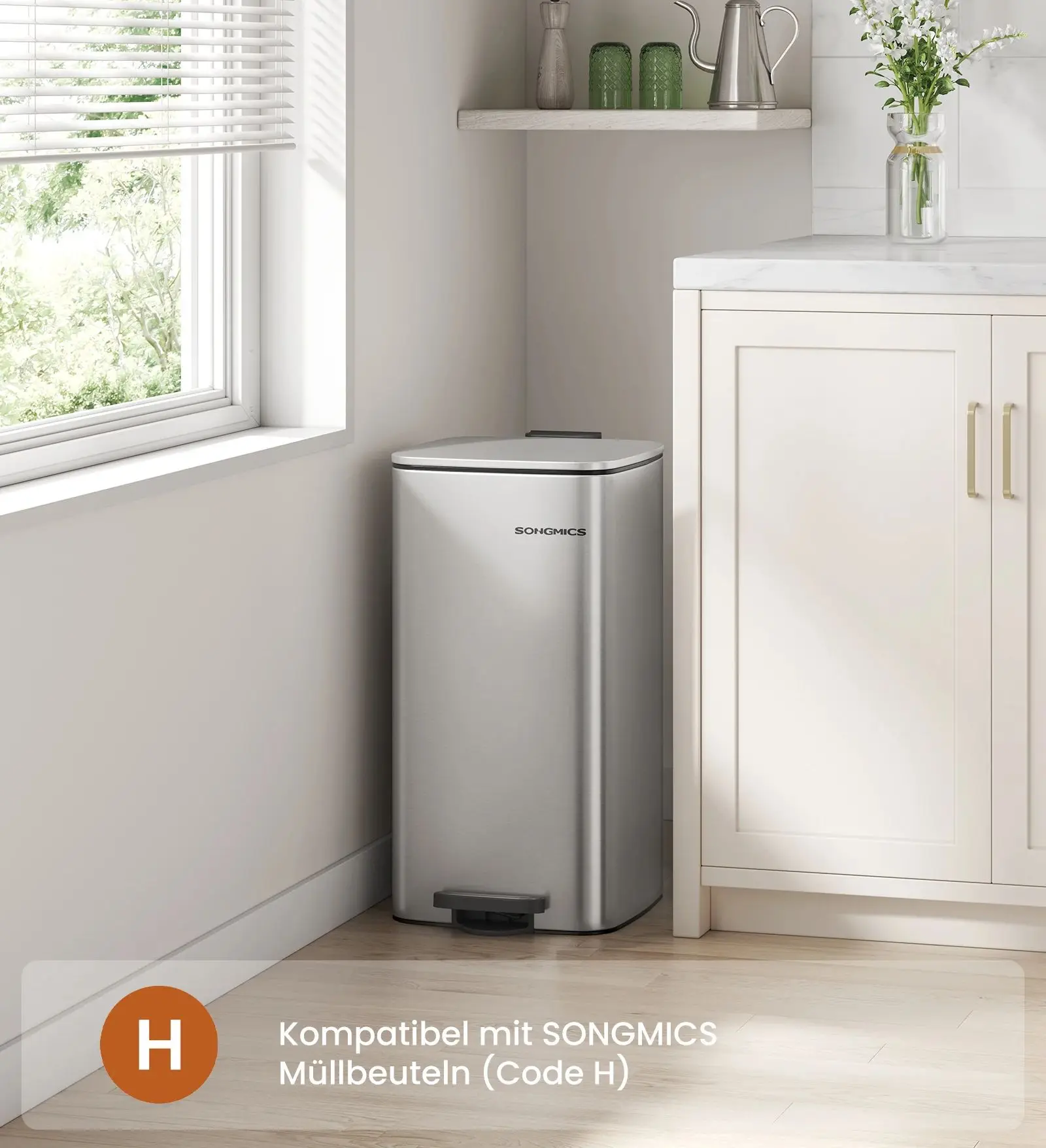 SONGMICS Mülleimer Küche, 30 Liter Abfalleimer, Tretmülleimer, Stahl, mit Inneneimer, Softclose, Offenhaltefunktion