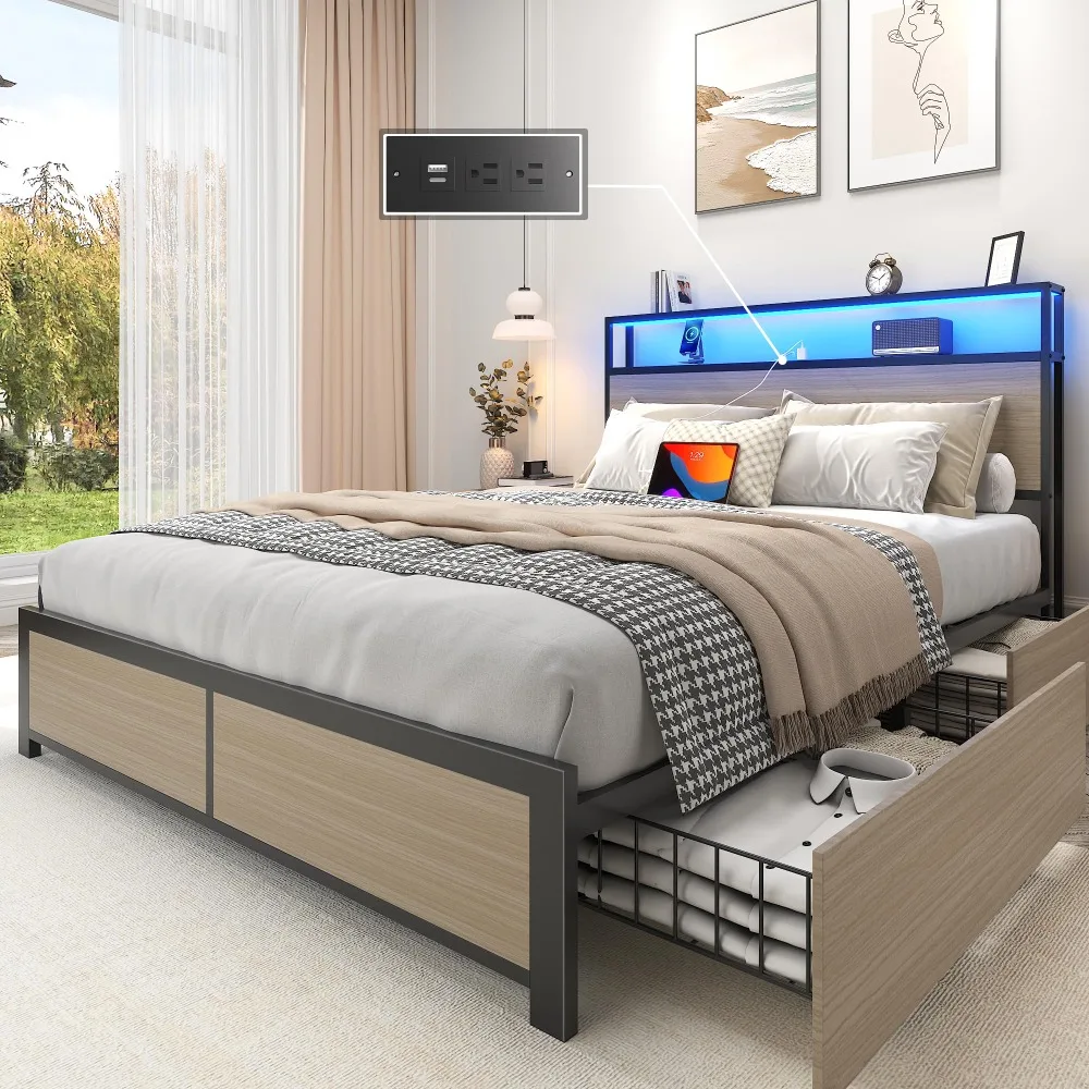 Bed Frame with Storage Headboard, Metal Platform Bed Frame with 4 Storage Drawers, Built in Charging Station & LED