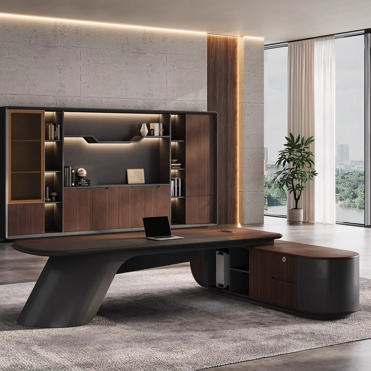 IY* Luxury Modern Modular Panel E0 Wood Veneer L-Shaped Executive Desk File Drawer Storage Floor Mount for Home Office Office