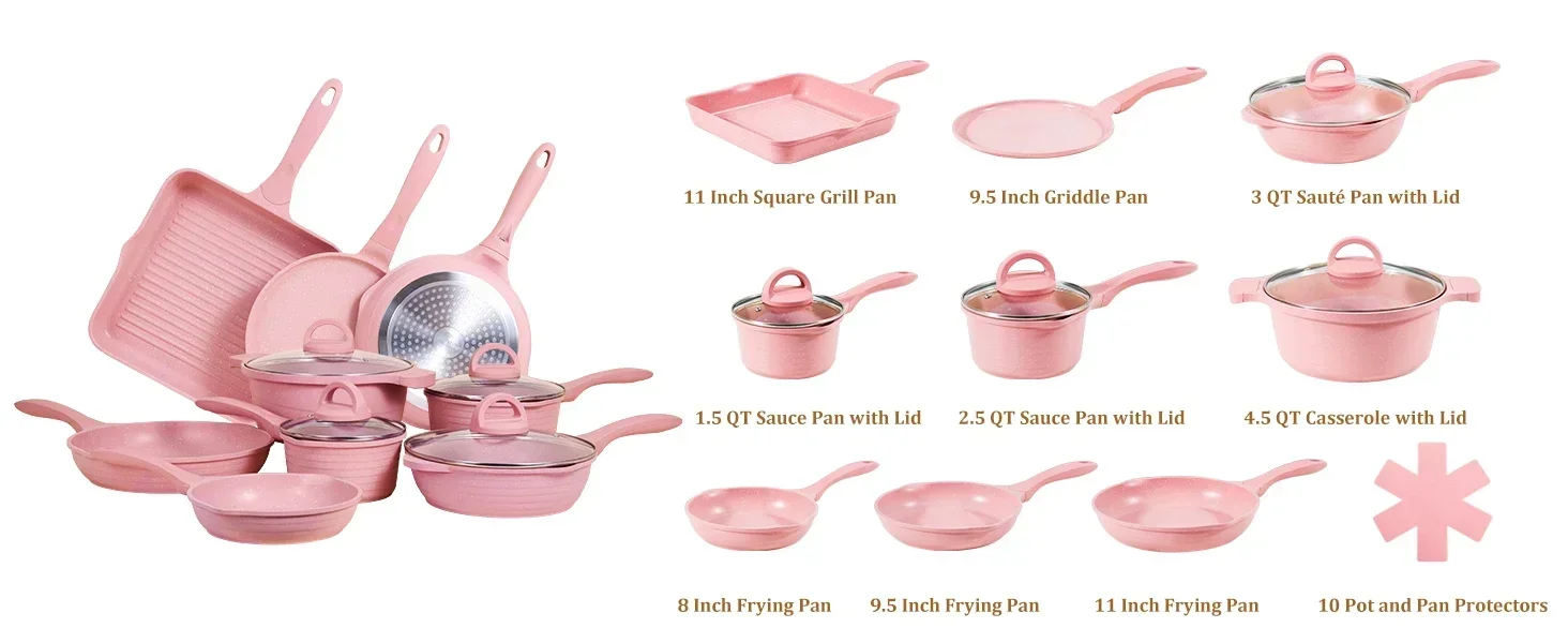 

th Pink Pots and Pans Set Nonstick 23pcs, Healthy Kitchen Cookware Sets, Induction Cooking Set Pink Granite Stone