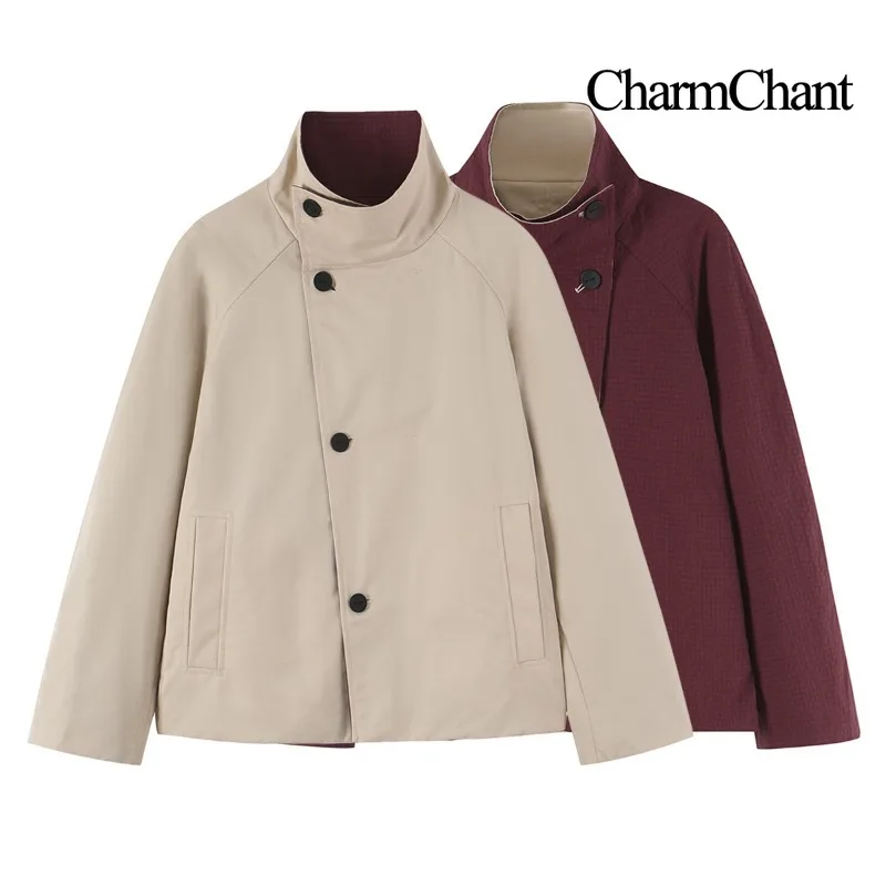 CHARMCHANT Women's Reversible Coat Jacket Funnel Neck Oversized Asymmetric Button Loose Fit Casual Autumn Winter 2026