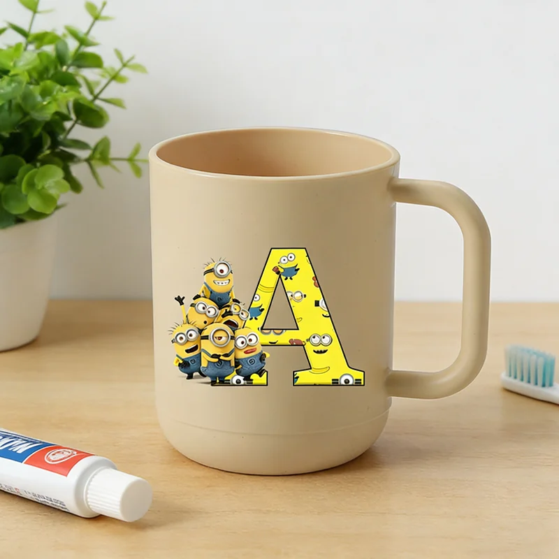 

Minionses Toothbrush Cup Cartoon Kawaii A-Z Letter Rinse Cup with Handle Light Plastic Glass Couple Home Bathroom Products Gift