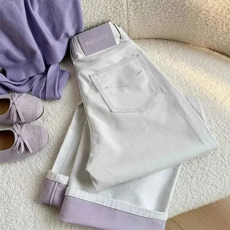 2026 New Spring Summer Straight Jeans Female Contrast Flanging High Waist Loose Casual Slim Wide-leg Cowboy Pants Trouser