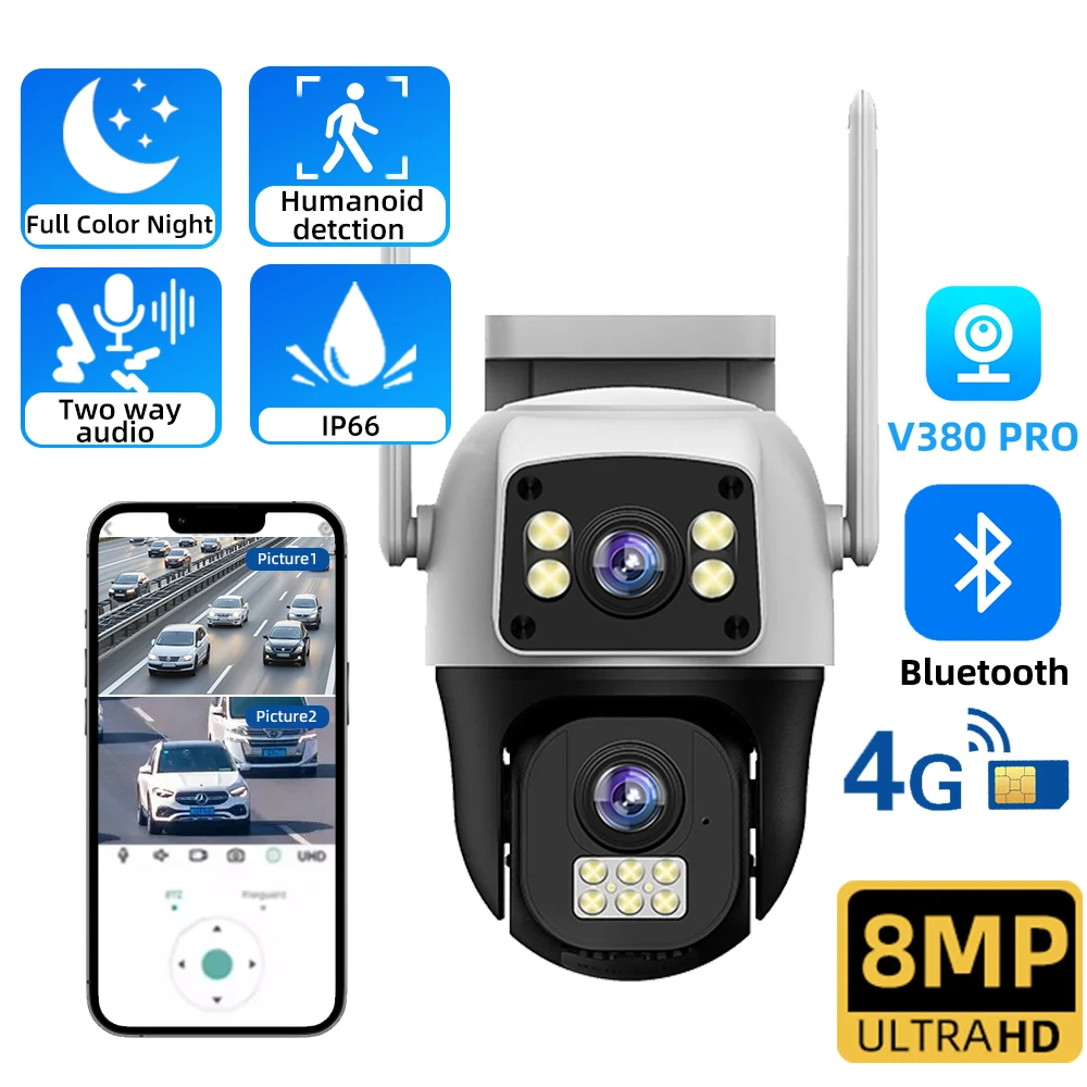 

V380 PRO 8MP Dual Lens Camera 4K Outdoor WIFI 4G IP Surveillance Camera Built-in Battery Human Detection CCTV