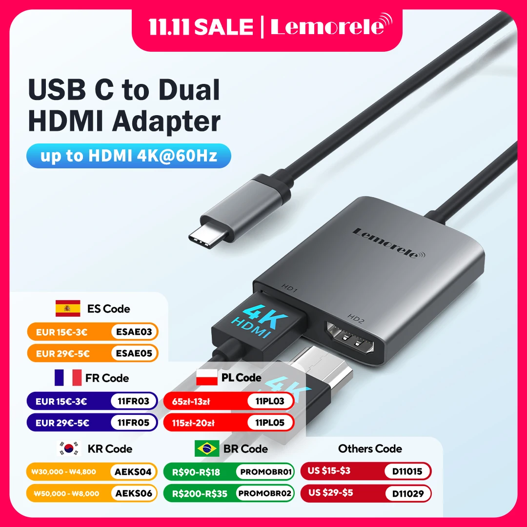 

Док-станция Lemorele с 2 портами USB C на два HDMI, 4K, 60 Гц