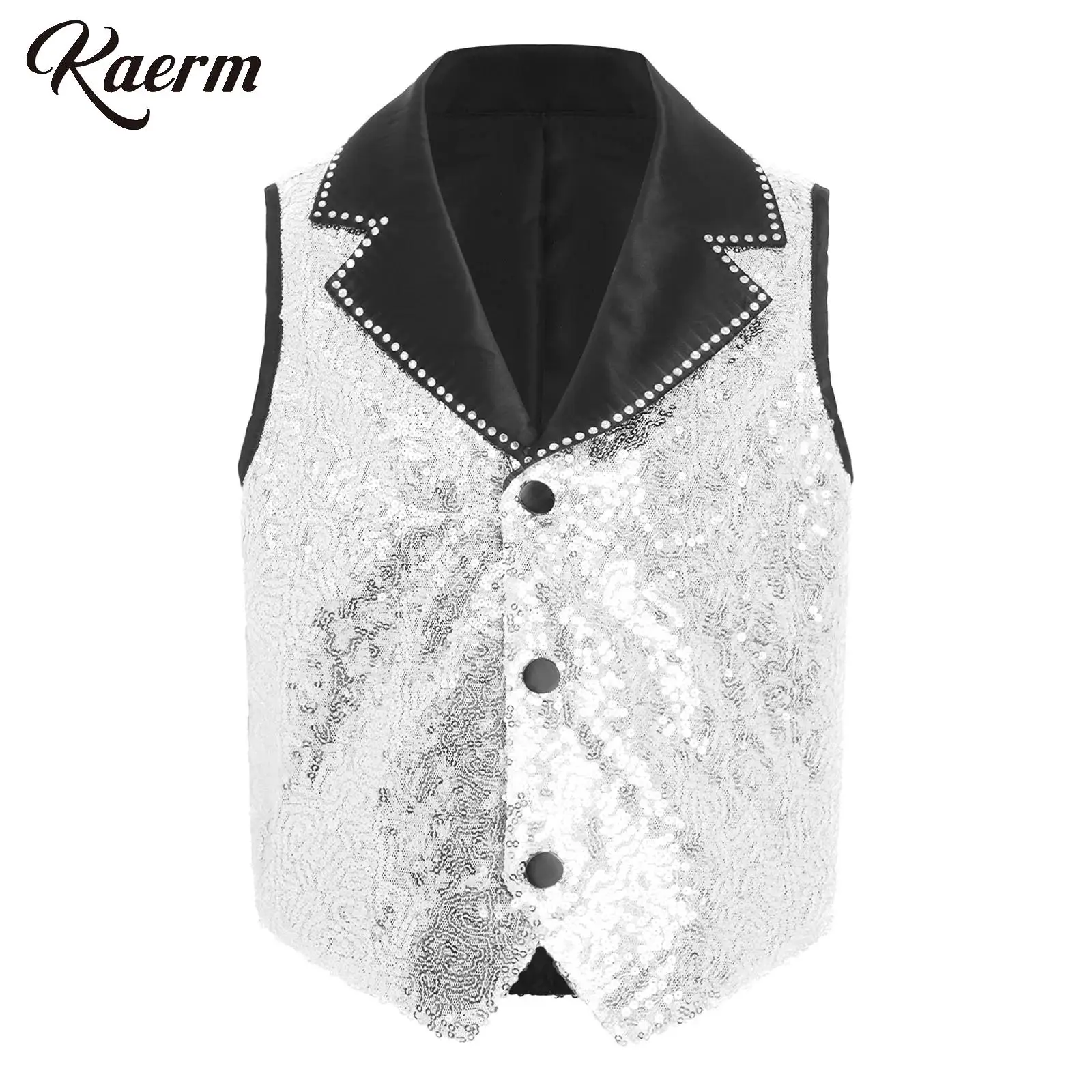 

Kids Boys Girls Latin Jazz Hip Hop Dance Vest Lapel Collar Sparkly Sequins Waistcoat Jacket Outerwear Disco Party Fancy Dress Up