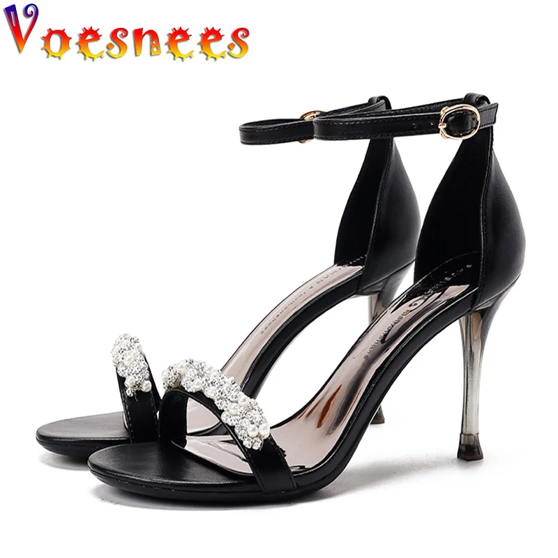 

Women's Summer One Word Band Pearl Sandals Simple Temperament Prom Thin High Heels 2022 New Fashion Diamond Wedding Dress Shoes