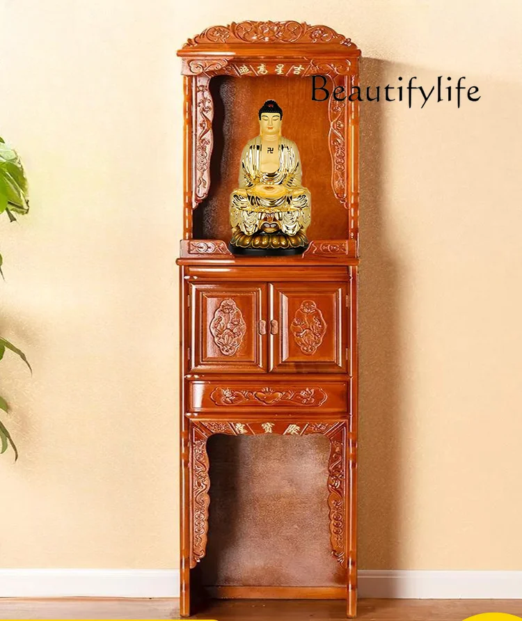 Solid Wood Antique Style Double-Layer Buddha Niche Altar Clothes Closet Home Worship Avalokitesvara