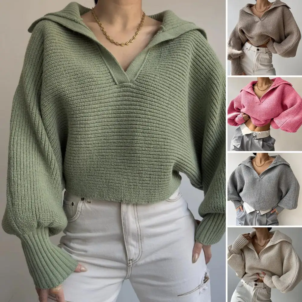 

Women's Sexy V Neck Long Sleeve Slim Sweater Korean Style Solid Color Cropped Top Fall/Spring Casual Knitted Pullover Knitwear