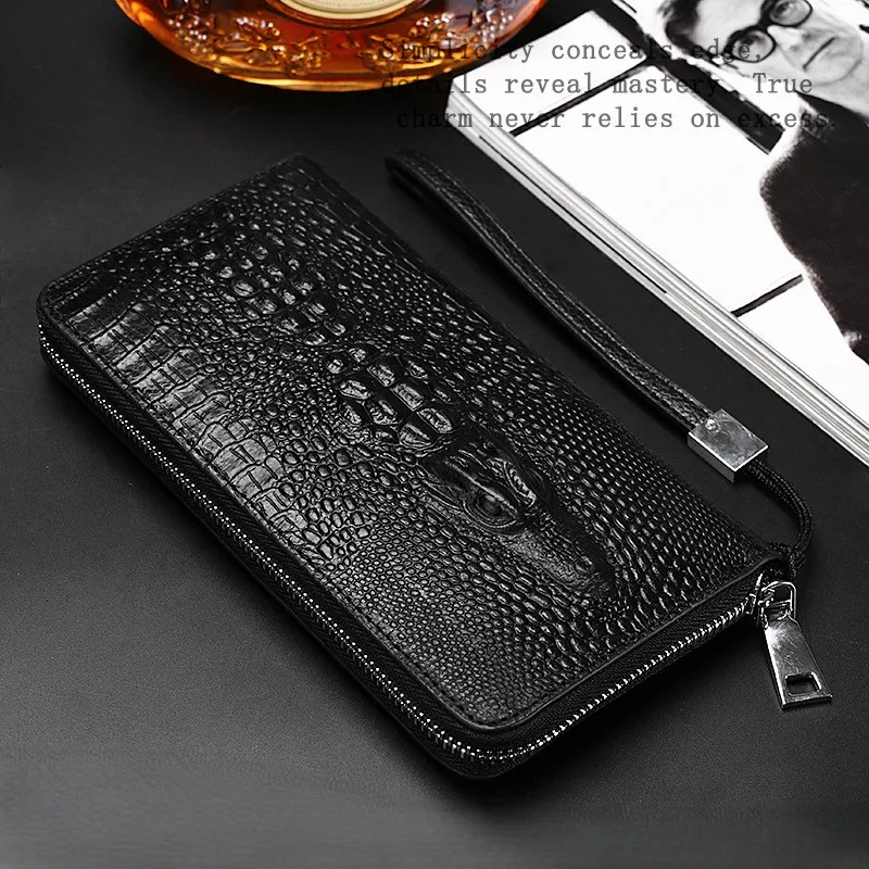 Leather Three-Dimensional Crocodile-Patterned Zipper Wallet, Large-Capacity Mobile Phone Storage Business Clutch