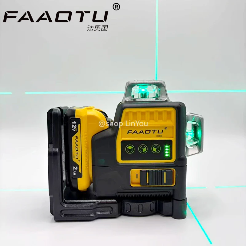 FAAOTU 089LG 3 Seiten * 360 Grad vertikale 12 V Lithiumbatterie 12 Linien Laser Level Horizontal Green Light Level Meter Outdoor