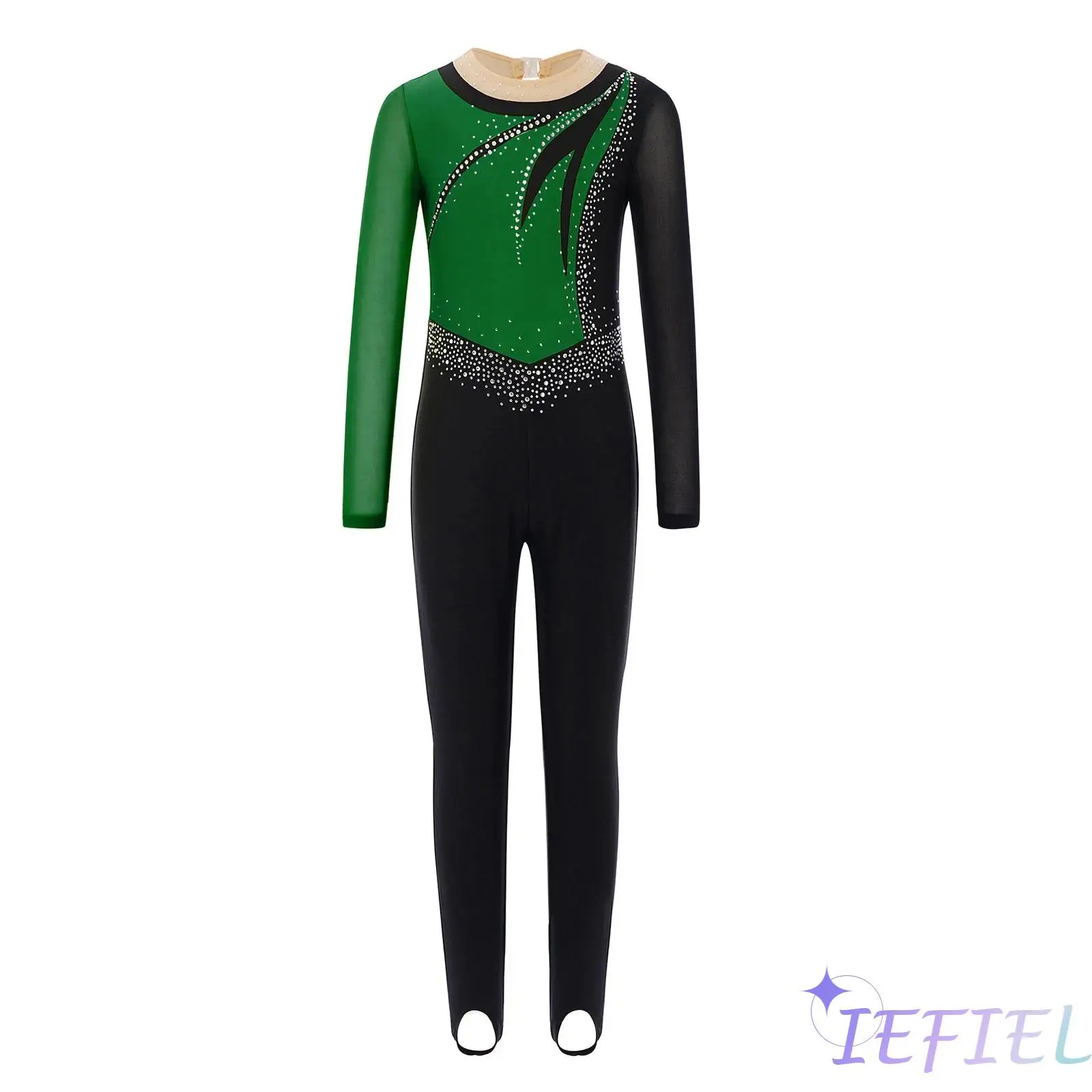 Kids Girls Gymnastics Performance Costume Mesh Patchwork Long Sleeves Keyhole Back Shiny Rhinestones Color Block Dance Jumpsuit
