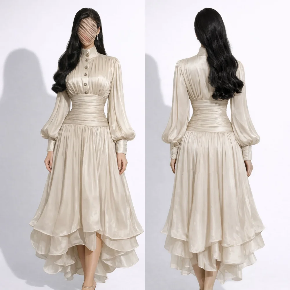 Customized Women's Evening Dress Glitter Button High Collar A-line Midi Dresses Bespoke Occasion Elegant Party Wedding Simple
