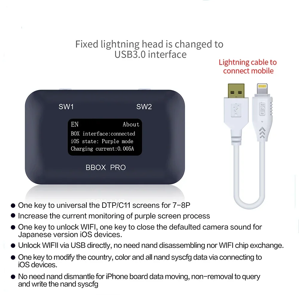 Jc jcid bbox pro dfu-ボックス,ウィンドウdcsdケーブル,iOS A7-A11,キーパープルモード,iphone ipad,nandシステムの変更,データ読み取りおよび書き込み