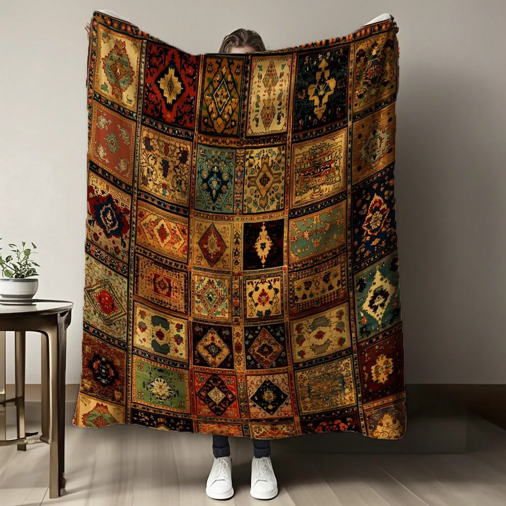A Modern Bohemian Patchwork Patterned Printed Flannel Blanket, Digitally Printed, Made of Polyester And Non- Fabric, a Comfortab