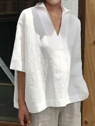 Women's Spring and Summer European and American New Cotton and Linen Versatile Solid Color V-neck Plus Size Loose Casual Shirt