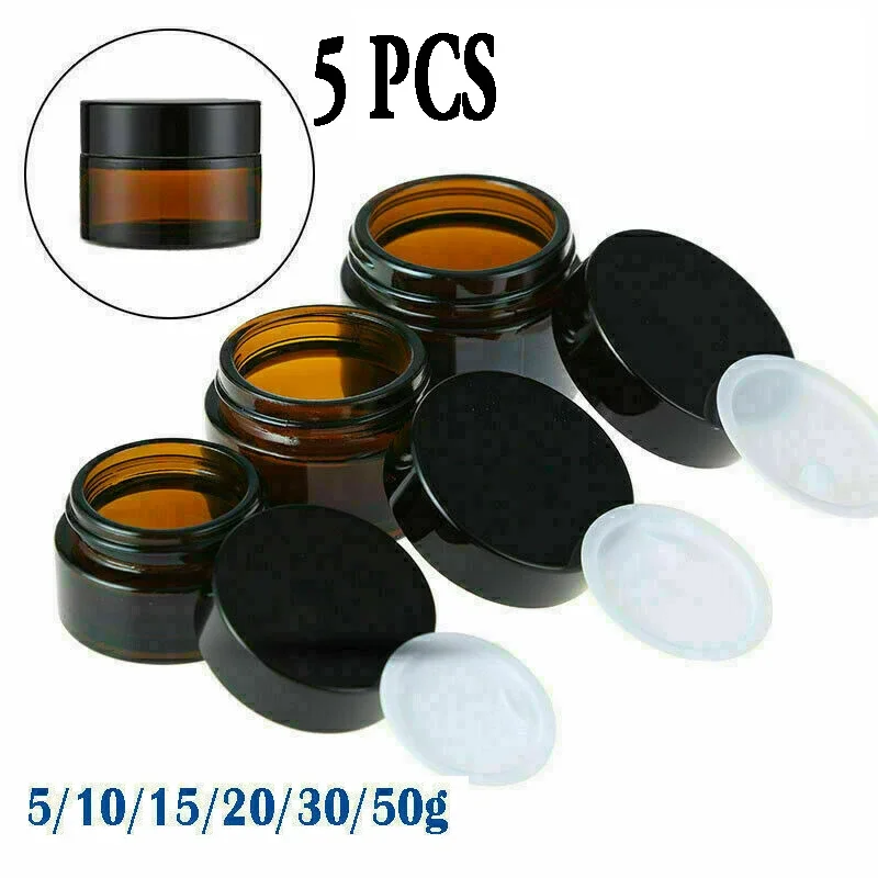 5 sztuk 5ml/10ml/15ml/20ml/30ml/50ml szklany bursztynowy kosmetyczny krem do twarzy butelka balsam do ust pojemnik słoik garnki fiolki do makijażu