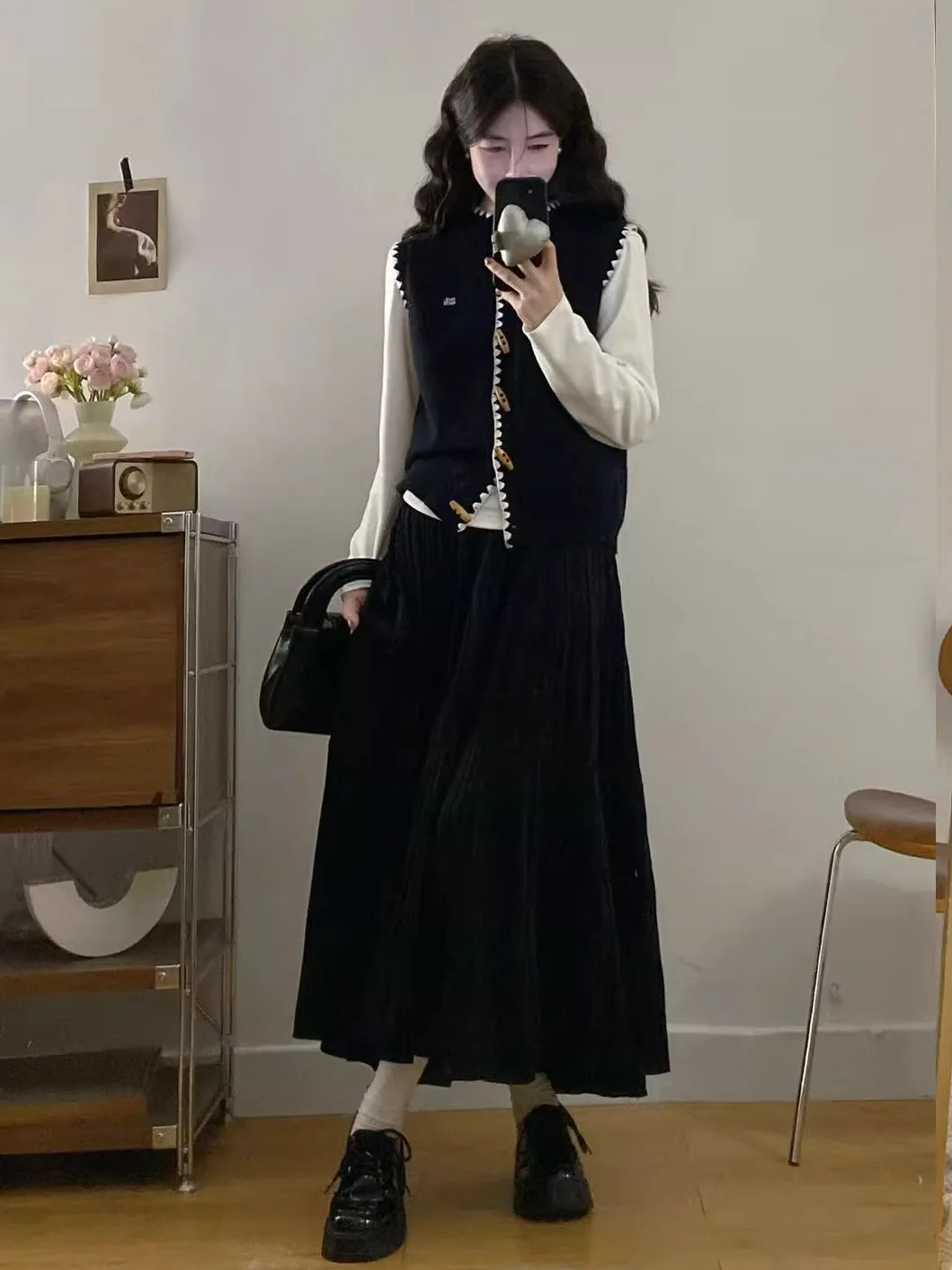 

Комплект для женщин больших размеров: вышитый жилет с длинными рукавами и юбка с высокой талией, осенне-зимний костюм из двух предметов для повседневной носки