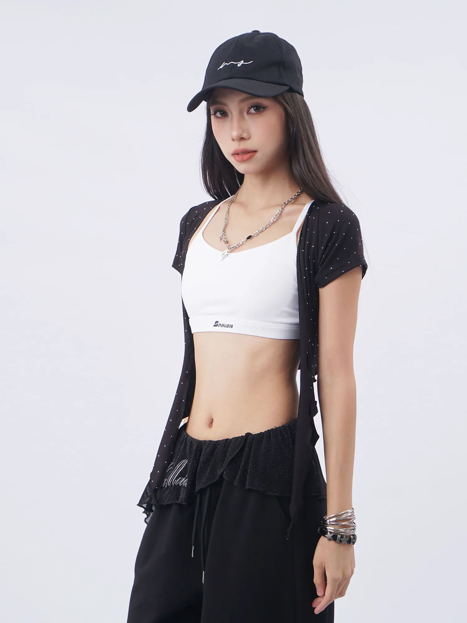 Oldwater Black Star Sequin Short Sleeve Open Cardigan Thin Micro Translucent Spicy Girl Single Piece Sunscreen T-Shirt Women'...
