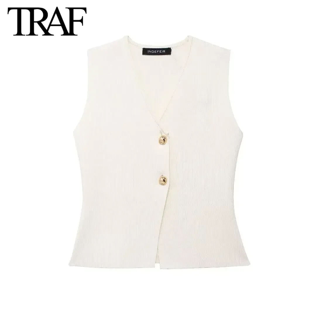 TRAF Women Fashion New Sleeveless V-neck Gold Button Single Breasted Cardigan Knitted Sweater Short Vest Sweet Chic Ladies Tops