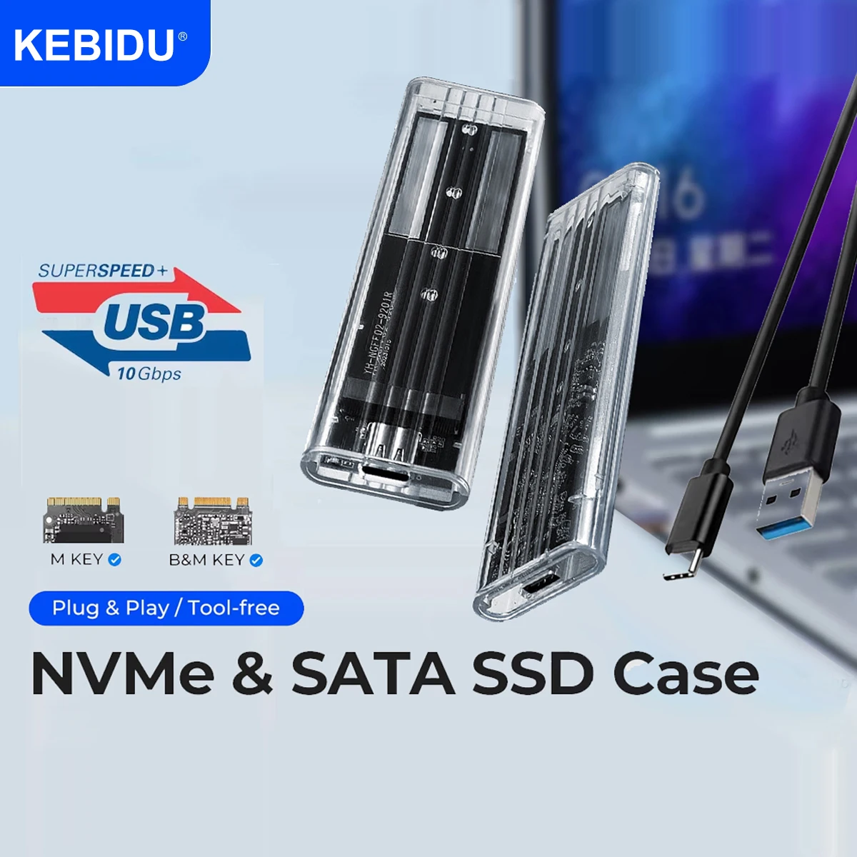 

Kebidu M.2 NVME PCIe NGFF SATA Dual Protocol SSD Case Clear USB Type C 10Gbps PCI-E M2 SSD Transparent External Enclosure