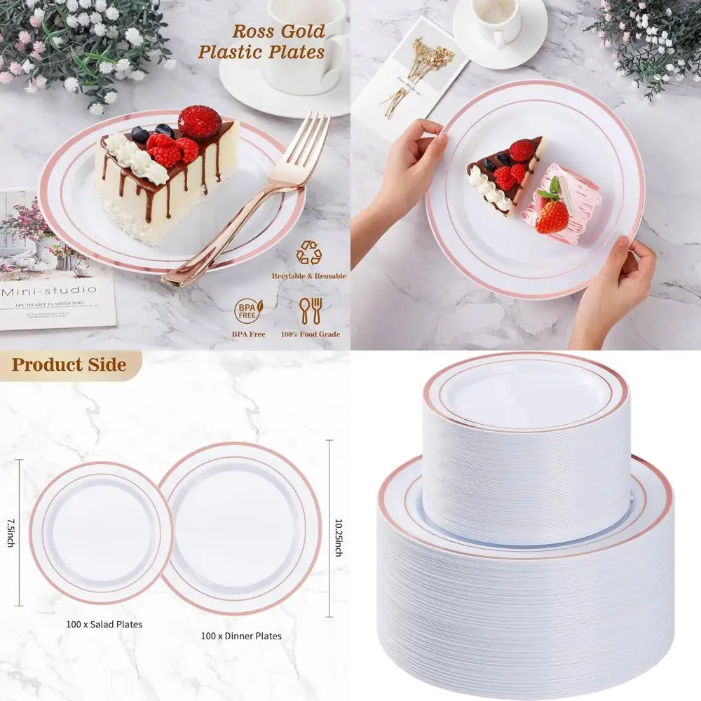

Rose Gold Disposable Plates Set: 100 Dinner + 100 Dessert Plates for Parties, Weddings, and Birthdays