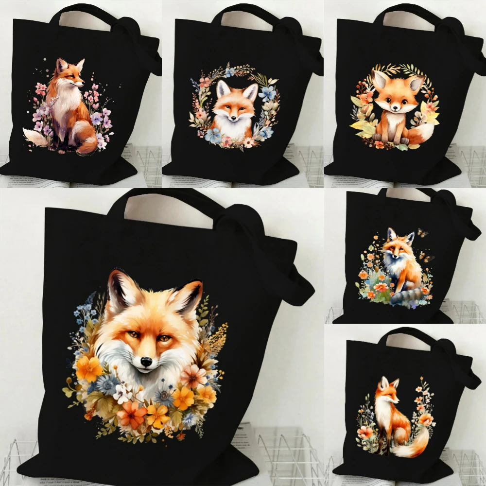 1pc Cute Fox Print Canvas Tote Bag Spacious Reusable Shopping Bag for Teens Daily Use School Commute Gym Travel Eco Conscious