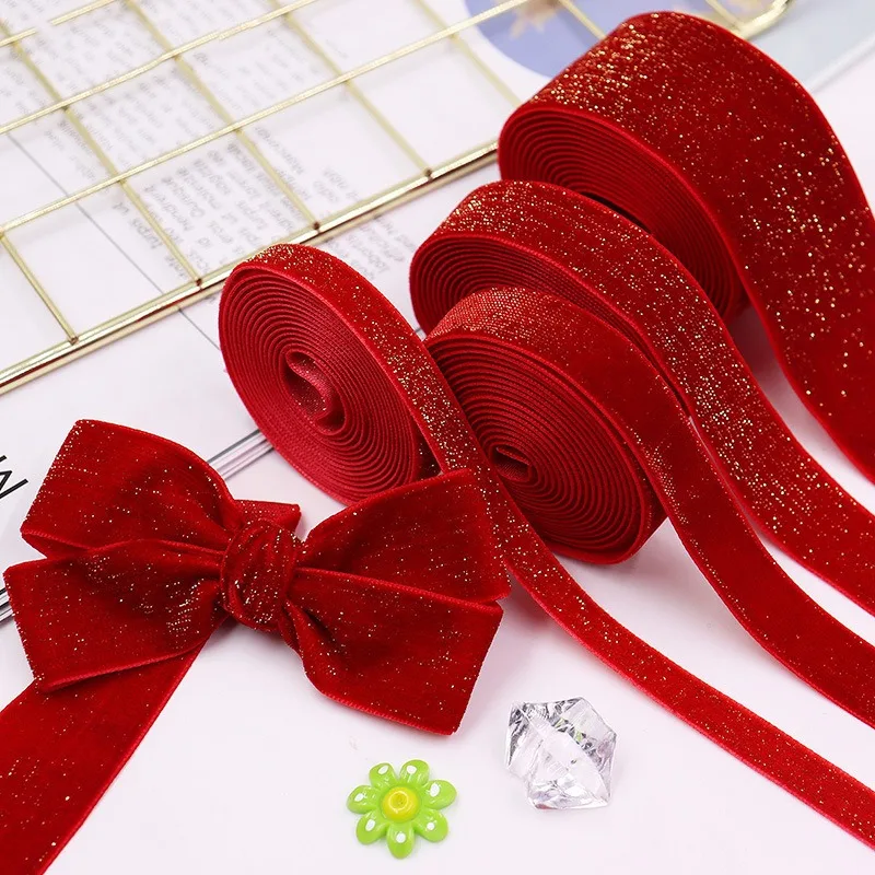 6/10/20/38mm christmas Velvet bow gift ribbon packaging DIY new year Red Velvet Gold Glitter Festival  Ribbon for decorationDD14