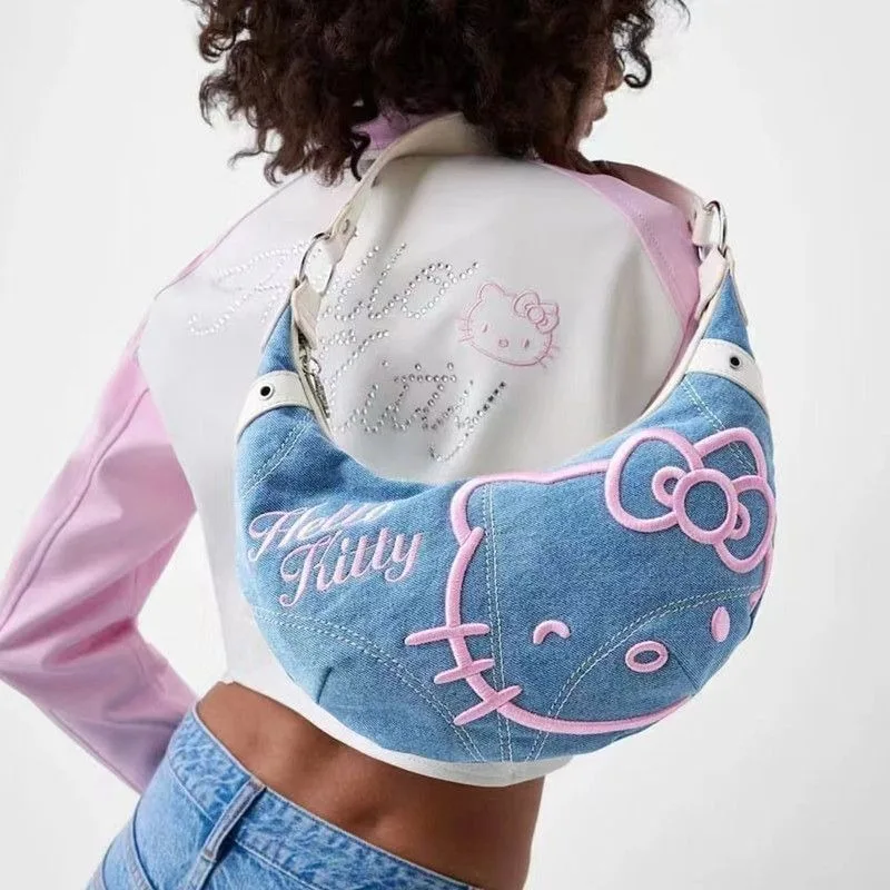 

New Sanrio Hello Kitty Denim Armpit Bag Cartoon Handbag Fashion Creativite for Girls Cute Retro Shoulder Messenger Bag